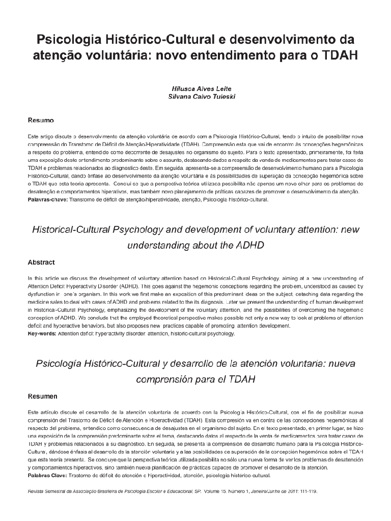 Psicologia Histórico-Cultural e desenvolvimento da atenção voluntária: novo entendimento para o TDAH