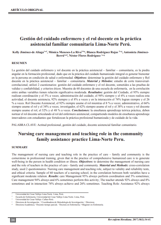 Gestión del cuidado enfermero y el rol docente en la práctica asistencial familiar comunitaria Lima-Norte Perú