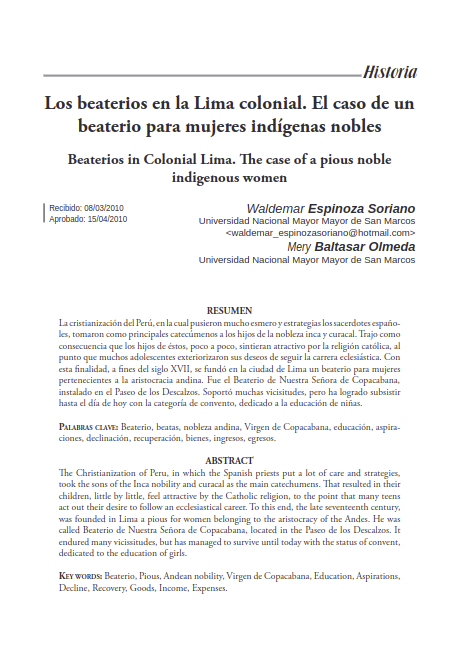 Los beaterios en la Lima colonial. El caso de un beatorio para mujeres indígenas nobles