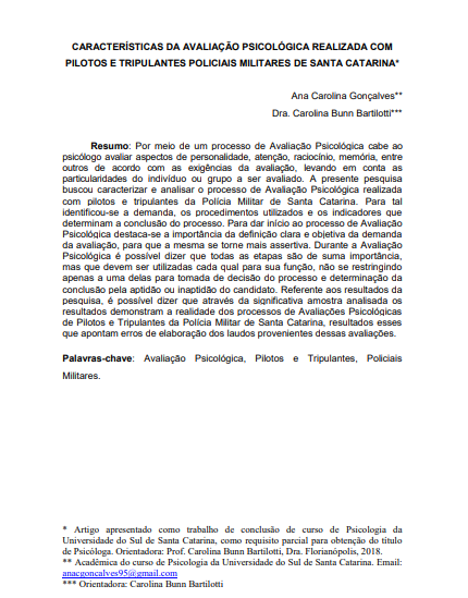 Características da avaliação psicológica realizada com pilotos e tripulantes policiais militares de Santa Catarina