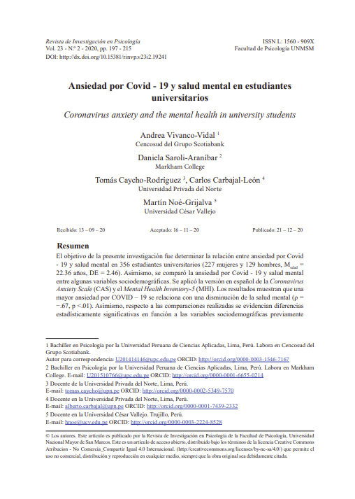 Ansiedad por Covid - 19 y salud mental en estudiantes universitarios