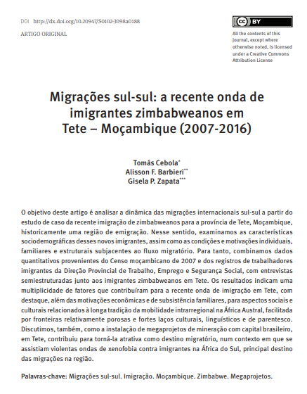 Migrações sul-sul: a recente onda de imigrantes zimbabweanos em Tete – Moçambique (2007-2016)