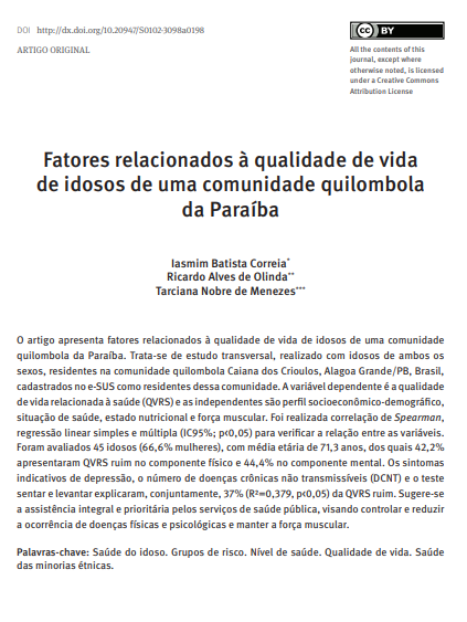Fatores relacionados à qualidade de vida de idosos de uma comunidade quilombola da Paraíba