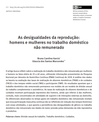 As desigualdades da reprodução: homens e mulheres no trabalho doméstico não remunerado