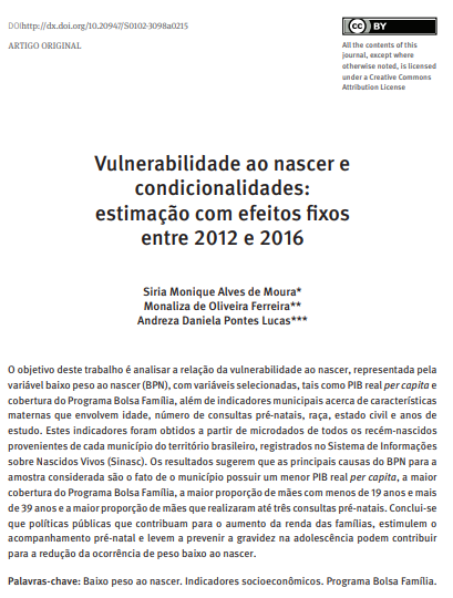 Vulnerabilidade ao nascer e condicionalidades: estimação com efeitos fixos entre 2012 e 2016