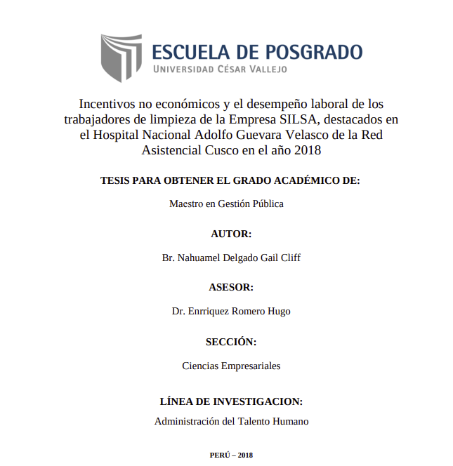 Incentivos No Económicos Y El Desempeño Laboral De Los Trabajadores De Limpieza