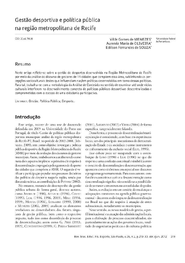 Gestão desportiva e política pública na região metropolitana de Recife