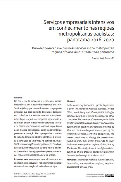 Serviços empresariais intensivos  em conhecimento nas regiões metropolitanas paulistas: panorama 2016-2020