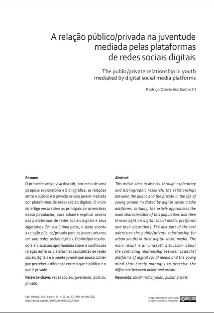 A relação público/privada na juventude mediada pelas plataformas de redes sociais digitais
