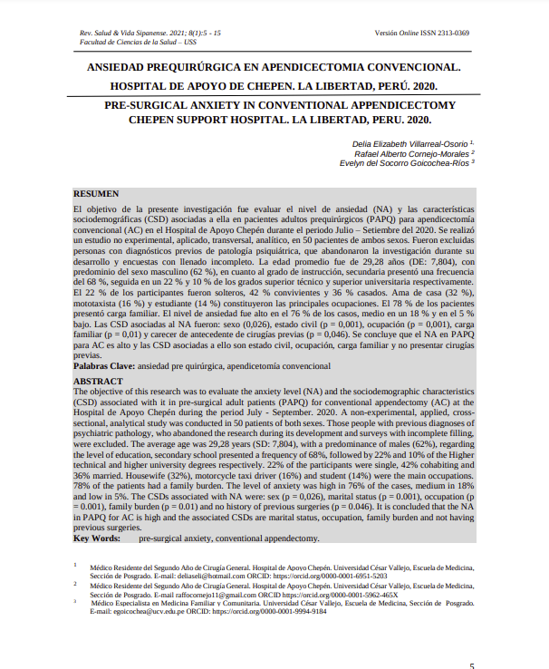 Ansiedad prequirúrgica en apendicectomía convencional. Hospital de Apoyo de Chepén. La Libertad, Perú. 2020