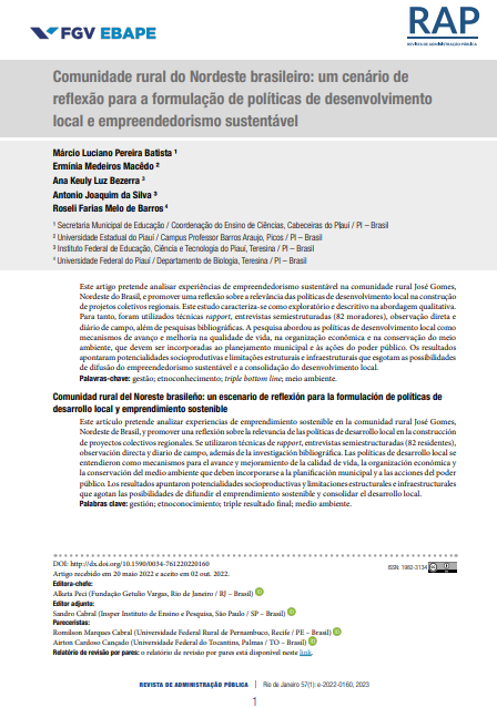 Comunidade rural do Nordeste brasileiro: um cenário de reflexão para a formulação de políticas de desenvolvimento local e empreendedorismo sustentável
