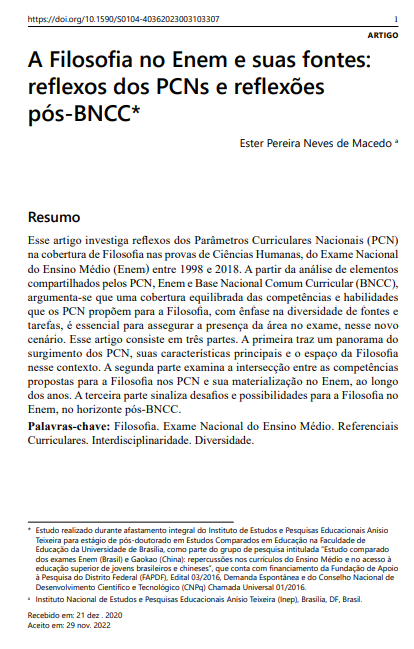 A Filosofia no Enem e suas fontes: reflexos dos PCNs e reflexões pós-BNCC