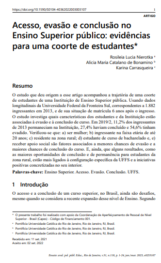 Acesso, evasão e conclusão no Ensino Superior público: evidências para uma coorte de estudantes