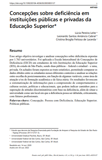 Concepções sobre deficiência em instituições públicas e privadas da Educação Superior