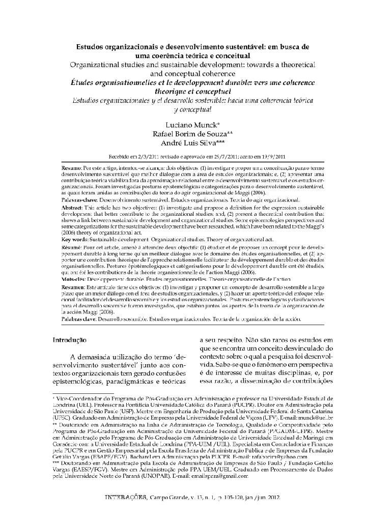 Estudos organizacionais e desenvolvimento sustentável: em busca de uma coerência teórica e conceitual