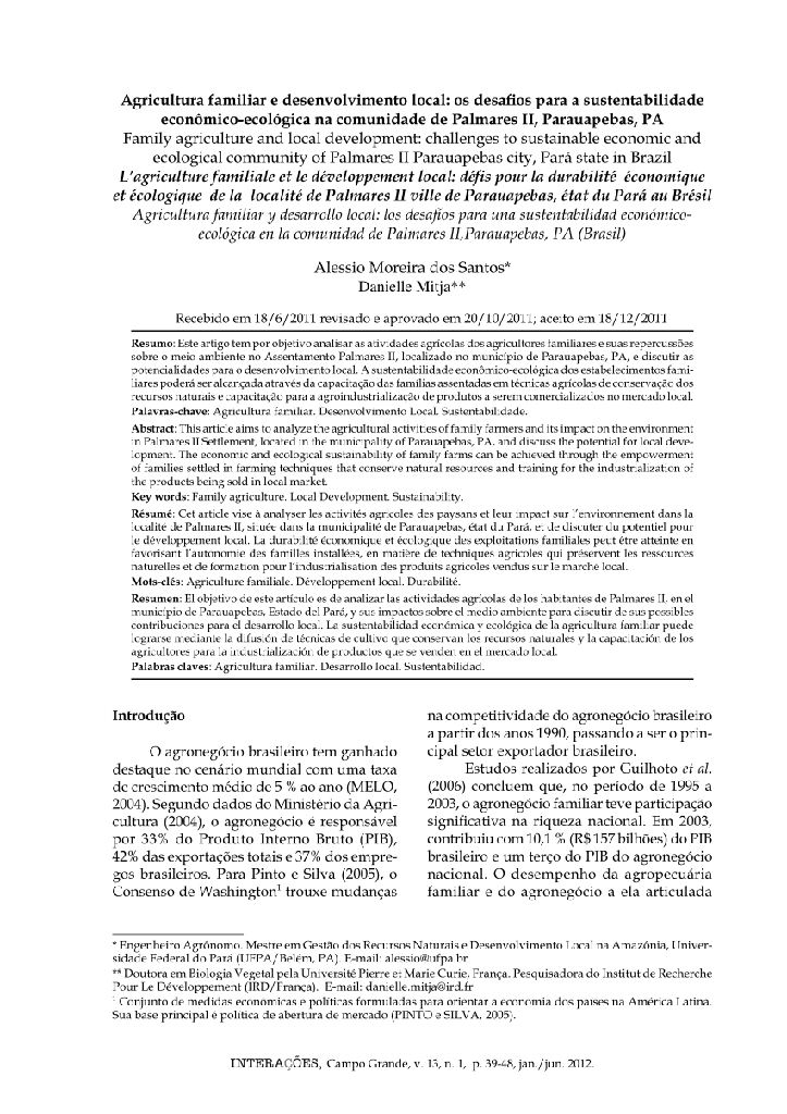 Agricultura familiar e desenvolvimento local: os desafios para a sustentabilidade econômico-ecológica na comunidade de Palmares II, Parauapebas, PA