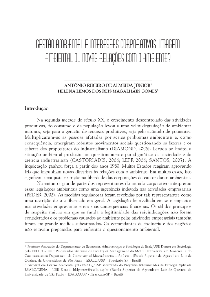 Gestão ambiental e interesses corporativos: imagem ambiental ou novas relações com o ambiente?