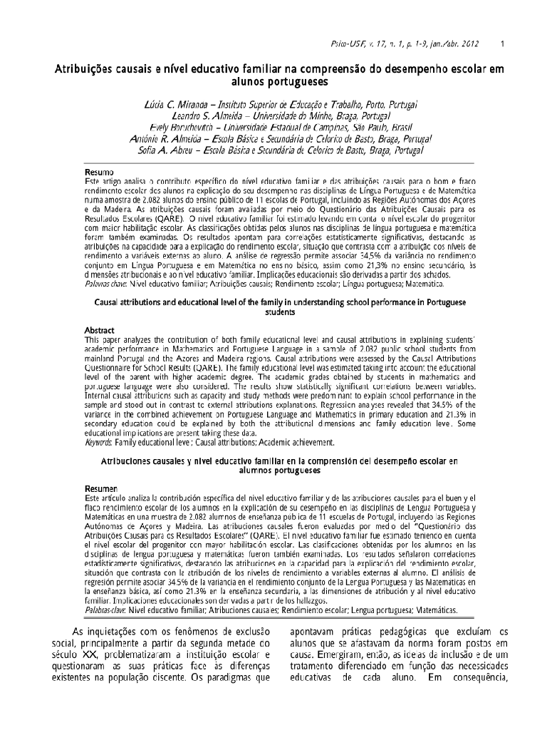 Atribuições causais e nível educativo familiar na compreensão do desempenho escolar em alunos portugueses