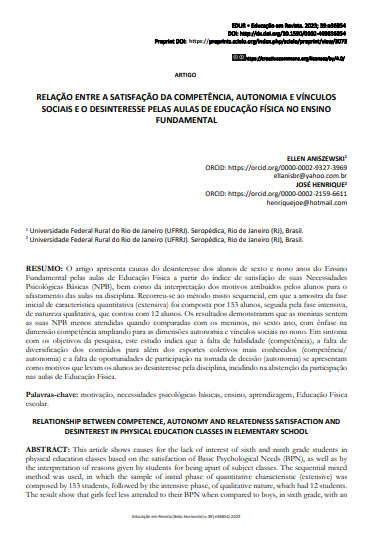 RELAÇÃO ENTRE A SATISFAÇÃO DA COMPETÊNCIA, AUTONOMIA E VÍNCULOS SOCIAIS EO DESINTERESSE PELAS AULAS DE EDUCAÇÃO FÍSICA NO ENSINO FUNDAMENTAL