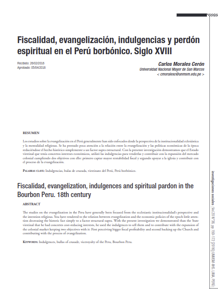 Fiscalidad, evangelización, indulgencias y perdón espiritual en el Perú borbónico. Siglo XVIII