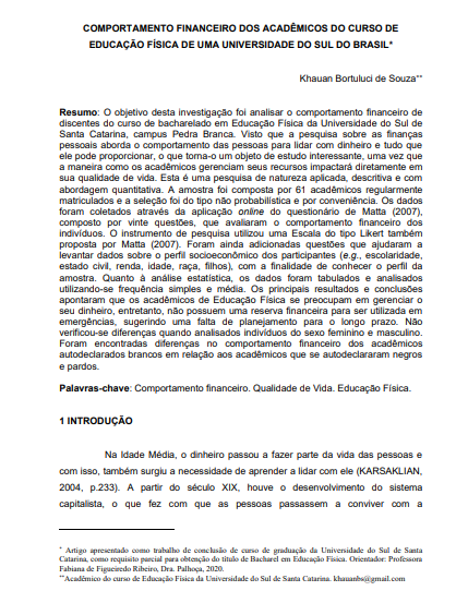 Comportamento financeiro dos acadêmicos do curso de educação física de uma universidade do sul do Brasil