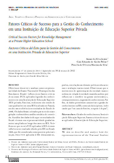 Fatores Críticos de Sucesso para a Gestão do Conhecimento em uma Instituição de Educação Superior Privada