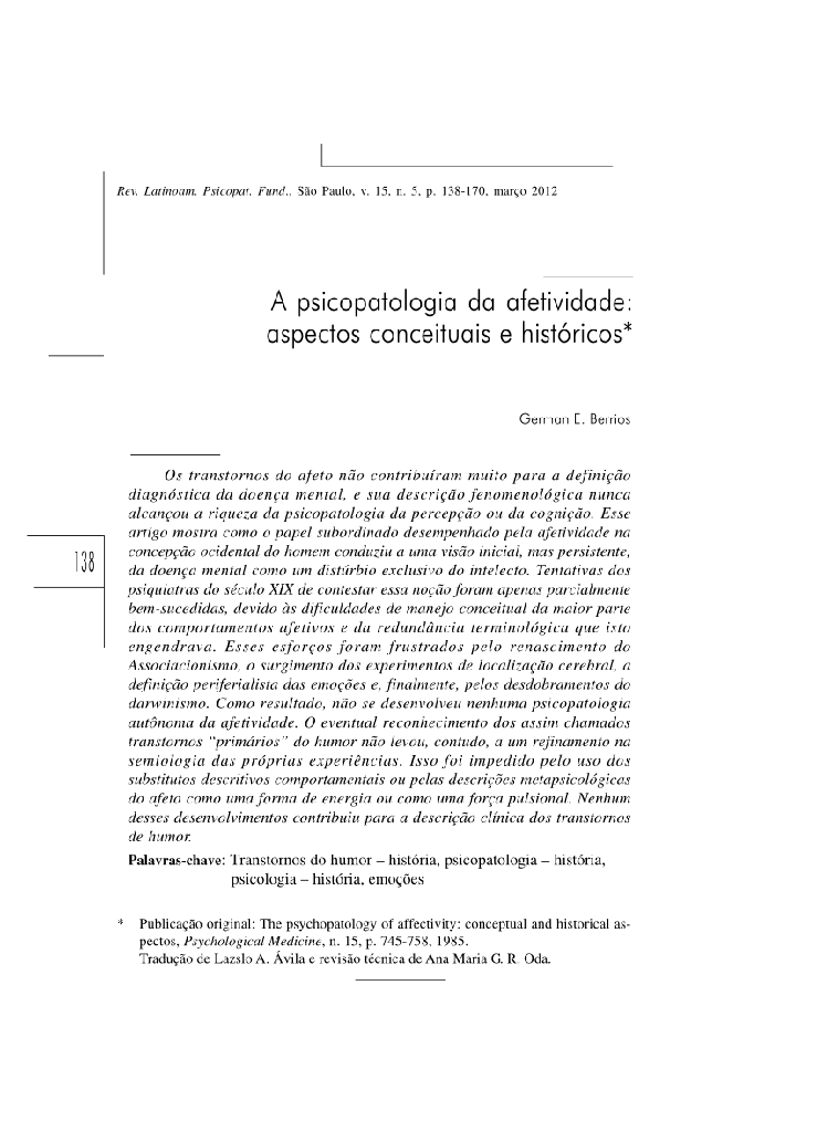 A psicopatologia da afetividade: aspectos conceituais e históricos