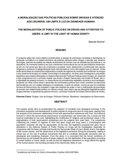 A moralização das políticas públicas sobre drogas e atenção aos usuários: um limite à luz da dignidade humana
