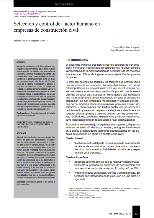 Selección y control del factor humano en empresas de construcción civil