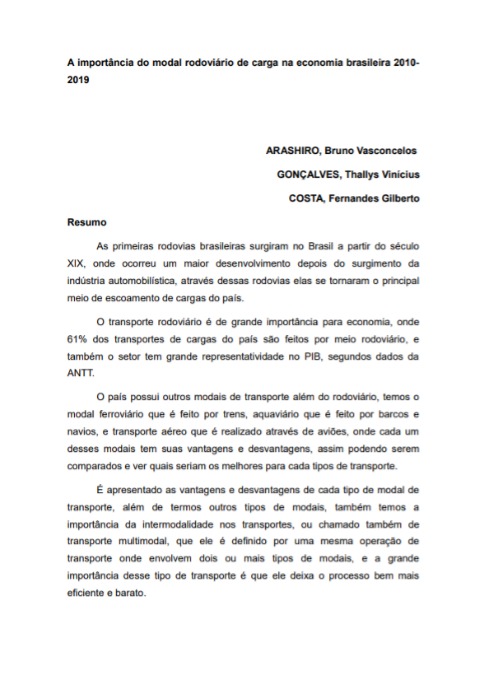 A importância do modal rodoviário de carga na economia brasileira 2010-2019