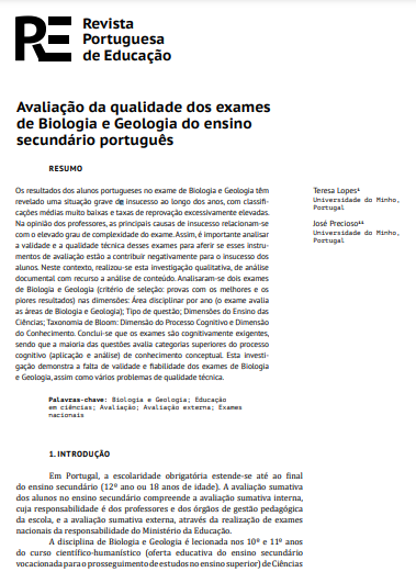 Avaliação da qualidade dos exames de Biologia e Geologia do ensino secundário português