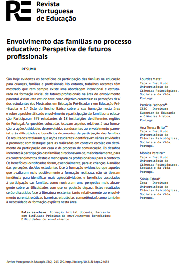 Envolvimento das famílias no processo educativo: Perspetiva de futuros profissionais