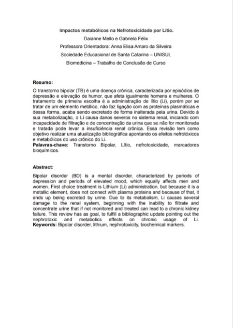 Impactos metabólicos na Nefrotoxicidade por Lítio