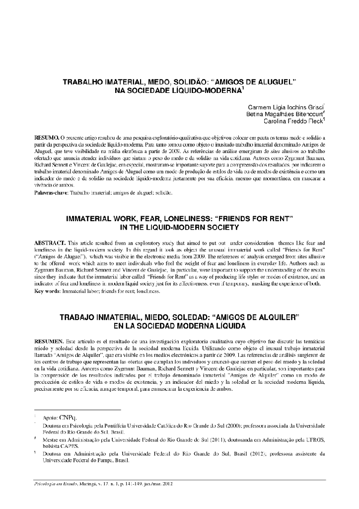 Trabalho imaterial, medo, solidão: &quot;amigos de aluguel&quot; na sociedade líquido-moderna