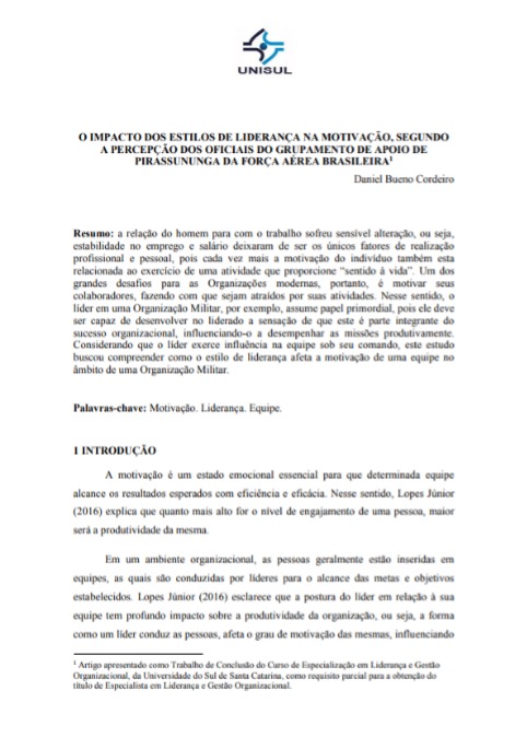 O impacto dos estilos de liderança na motivação, segundo a percepção dos oficiais do grupamento de apoio de Pirassununga da força aérea brasileira