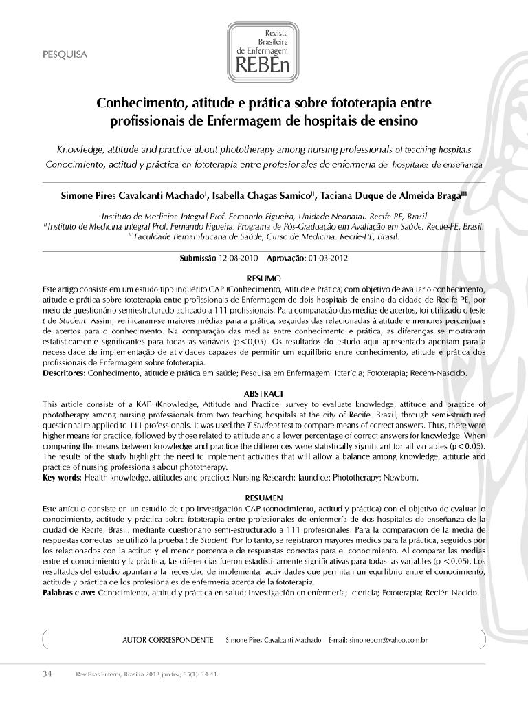 Conhecimento, atitude e prática sobre fototerapia entre profissionais de enfermagem de hospitais de ensino