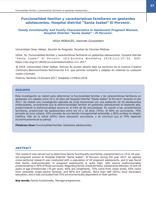 Funcionalidad familiar y características familiares en gestantes adolescentes. Hospital distrital &quot;Santa Isabel&quot; El Porvenir