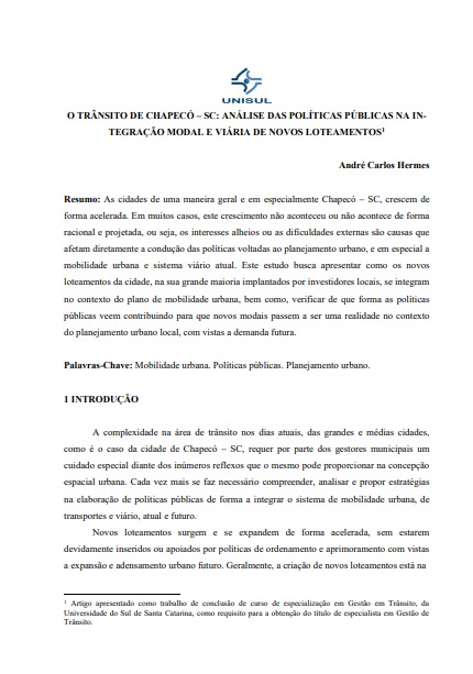 O trânsito de Chapecó/SC: análise das políticas públicas na integração modal e viária de novos loteamentos