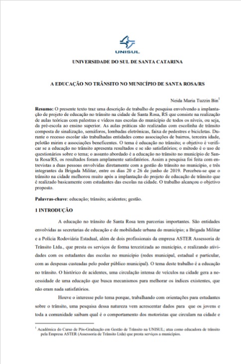 A educação no trânsito no município de Santa Rosa/RS