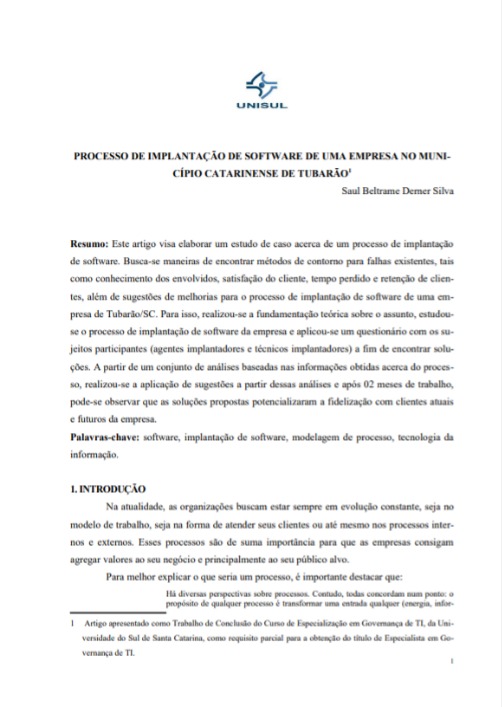 Processo de implantação de software de uma empresa no município catarinense de Tubarão