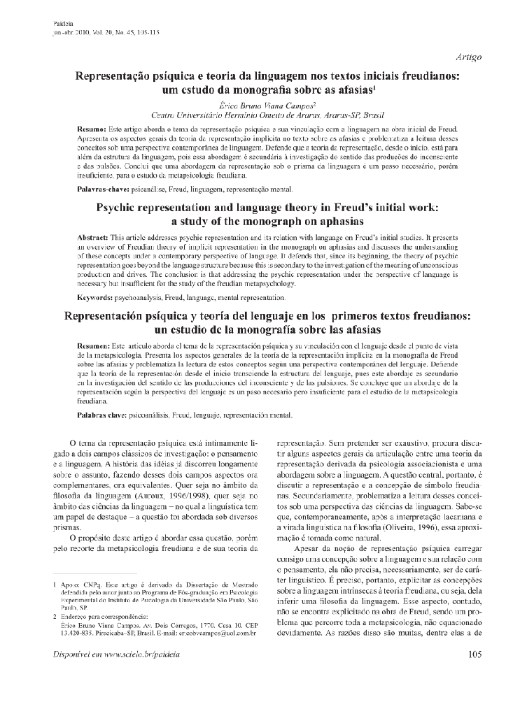 Representação psíquica e teoria da linguagem nos textos iniciais freudianos: um estudo da monografia sobre as afasias