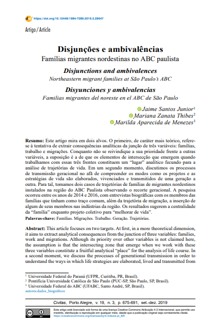 Disjunções e ambivalências: Famílias migrantes nordestinas no ABC paulista