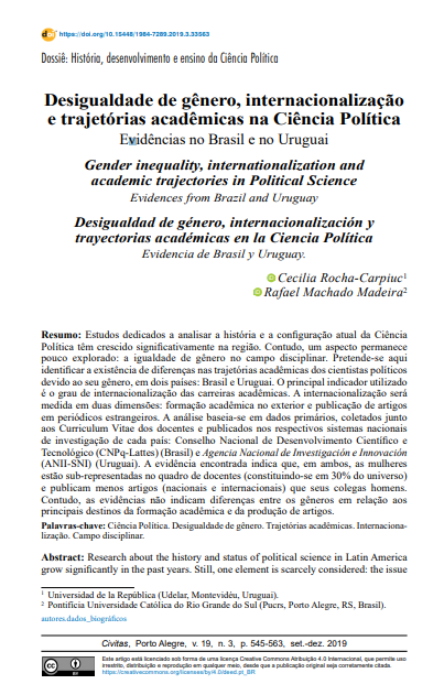 Desigualdade de gênero, internacionalização e trajetórias acadêmicas na Ciência Política: Evidências no Brasil e no Uruguai