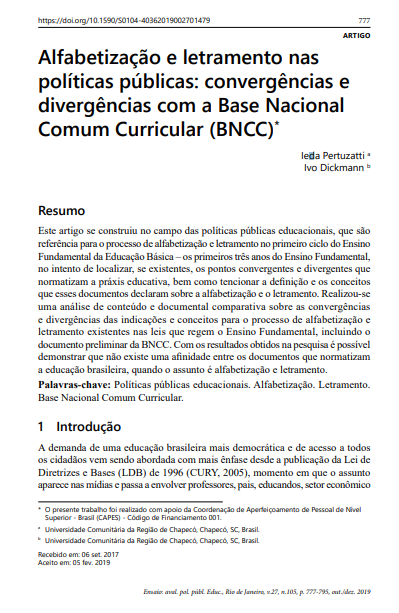 Alfabetização e letramento nas políticas públicas: convergências e divergências com a Base Nacional Comum Curricular (BNCC)