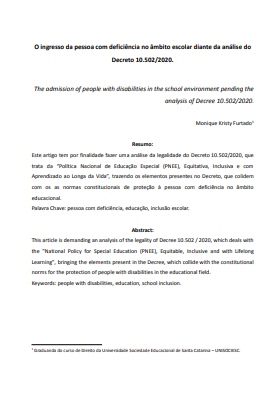 O ingresso da pessoa com deficiência no âmbito escolar diante da análise do Decreto 10.502/2020