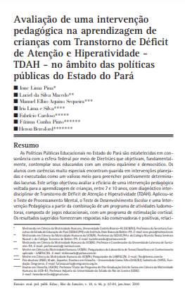 Avaliação de uma intervenção pedagógica na aprendizagem de crianças com Transtorno de Déficit de Atenção e Hiperatividade - TDAH - no âmbito das políticas públicas do Estado do Pará