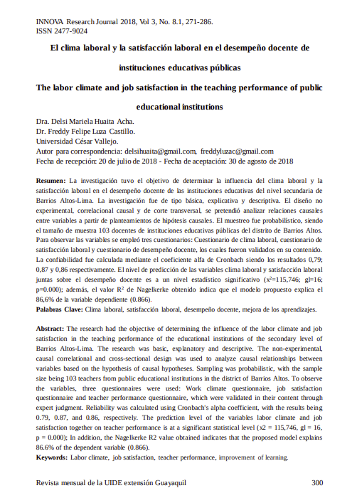 El clima laboral y la satisfacción laboral en el desempeño docente de instituciones educativas públicas