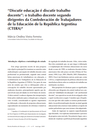 &quot;Discutir educação é discutir trabalho docente&quot;: o trabalho docente segundo dirigentes da Confederación de Trabajadores de la Educación de la República Argentina (CTERA)