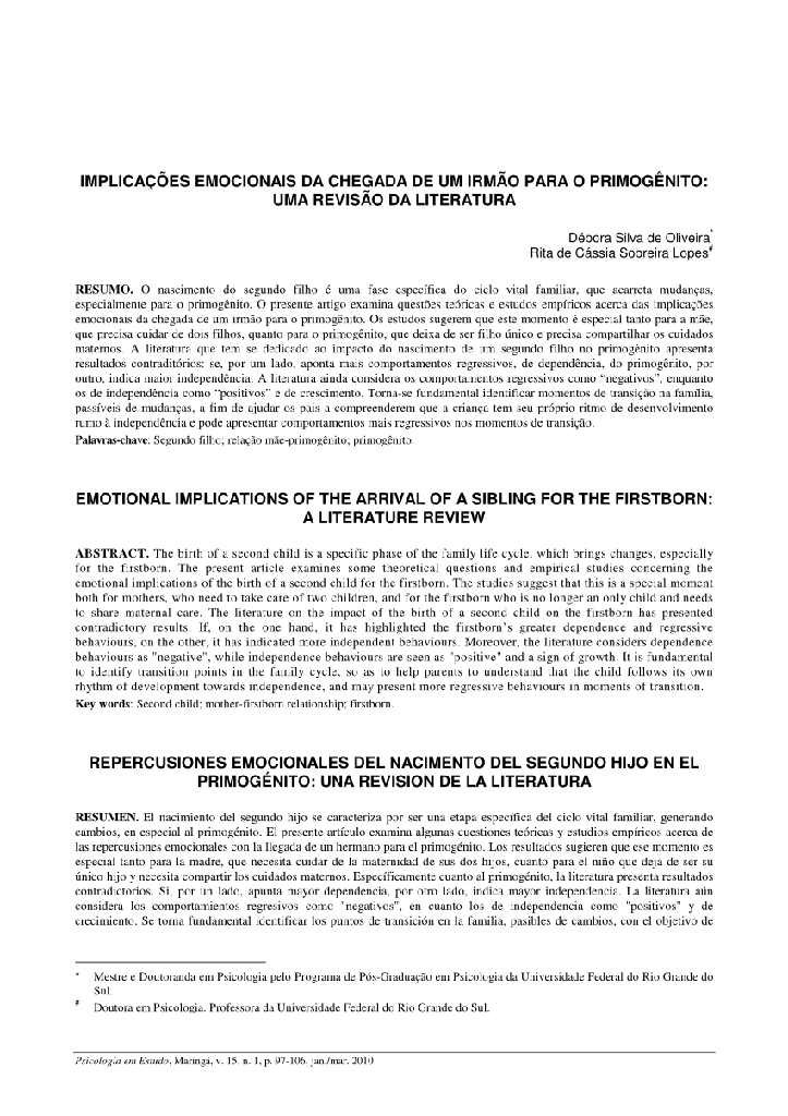 Implicações emocionais da chegada de um irmão para o primogênito: uma revisão da literatura