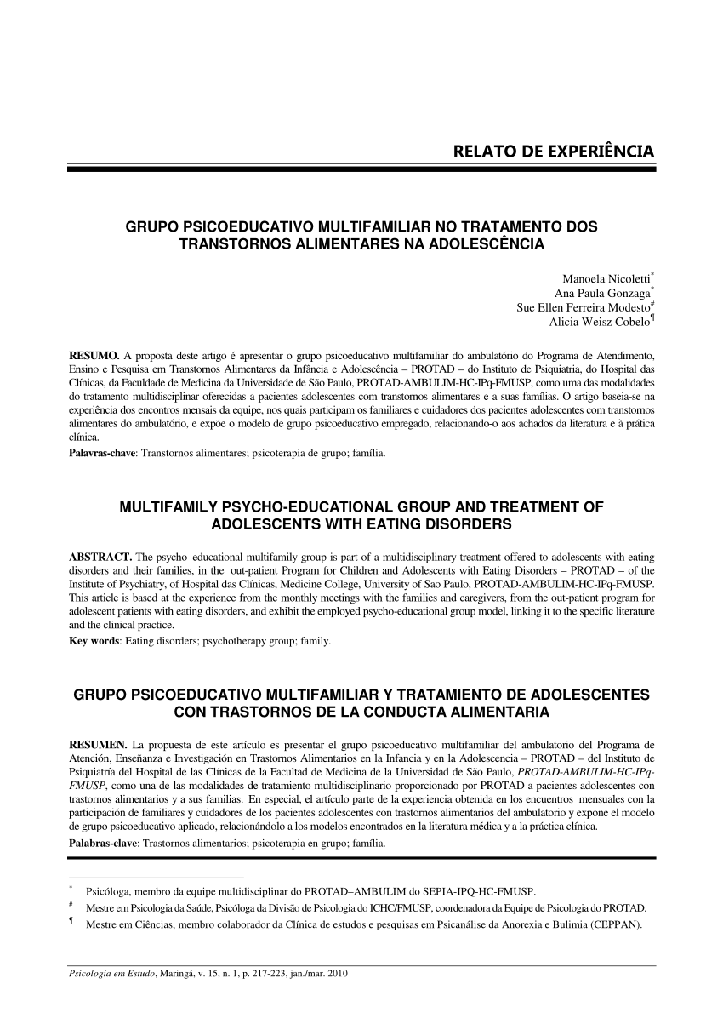 Grupo psicoeducativo multifamiliar no tratamento dos transtornos alimentares na adolescência